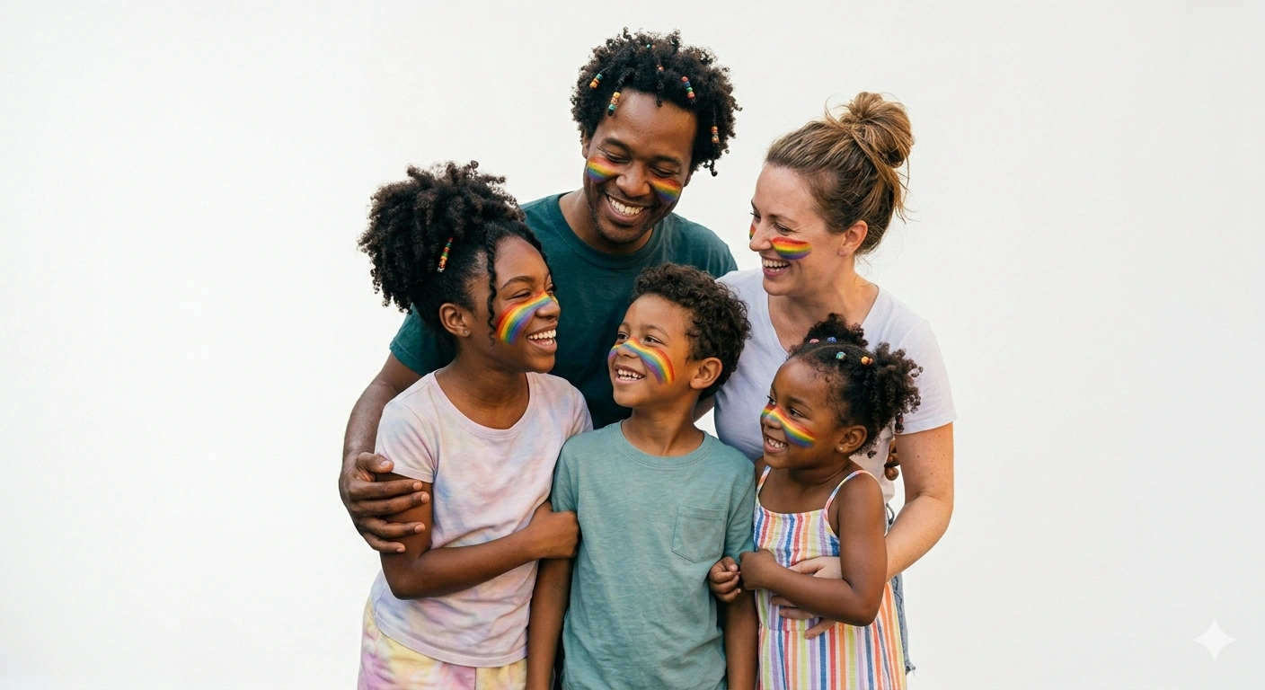 A family smiling together with rainbow face paint